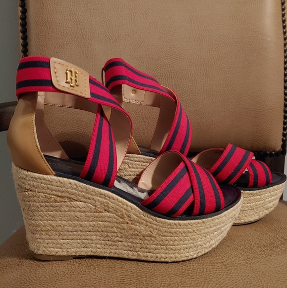 Cherry and Navy Striped Wedges - Picture 1 of 2